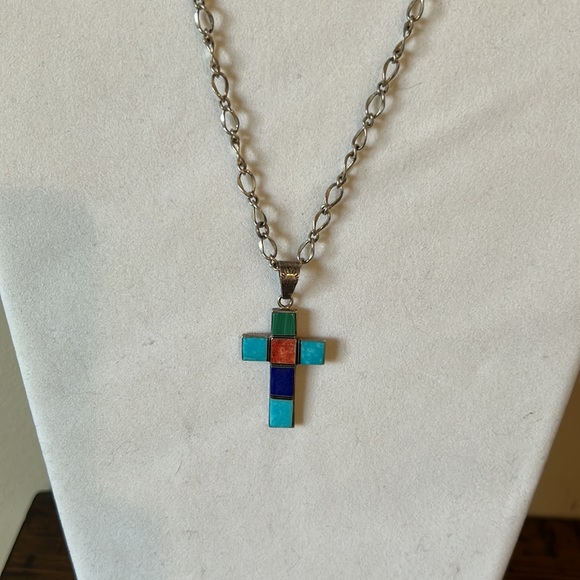 Sterling silver chain w/ cross of turquoise, coral, lapis and jasper - Picture 1 of 6